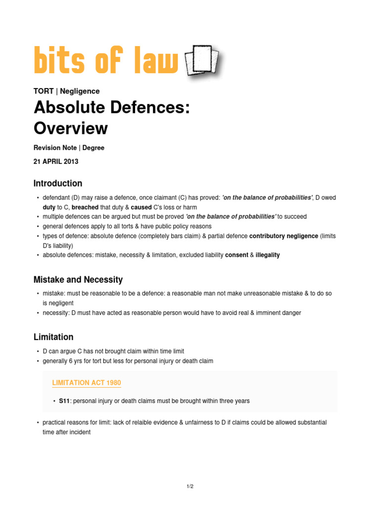 Tort Law: Absolute Defences Explained | PDF | Tort | Negligence