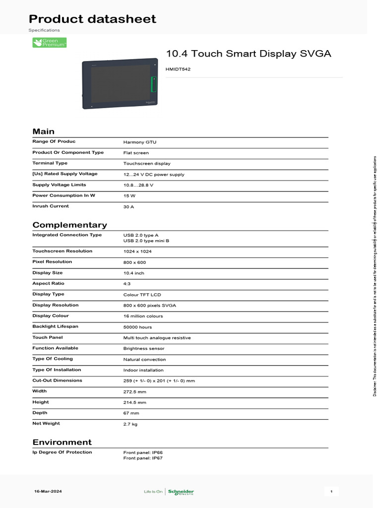 Schneider Electric Magelis Gtu Hmidt542 Pdf Touchscreen Display