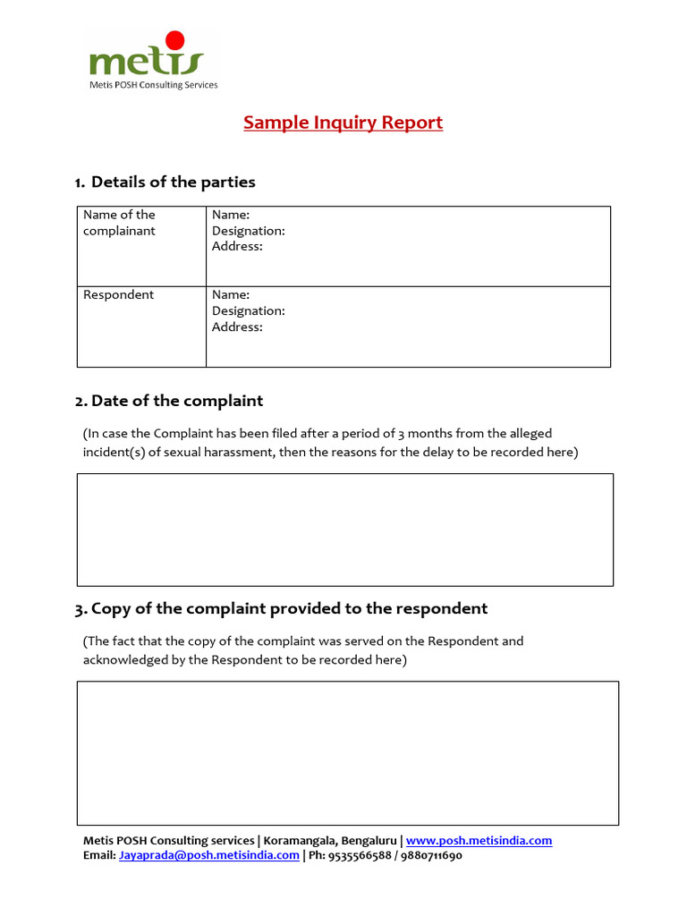 Sample POSH Inquiry Report Template | PDF | Complaint | Witness