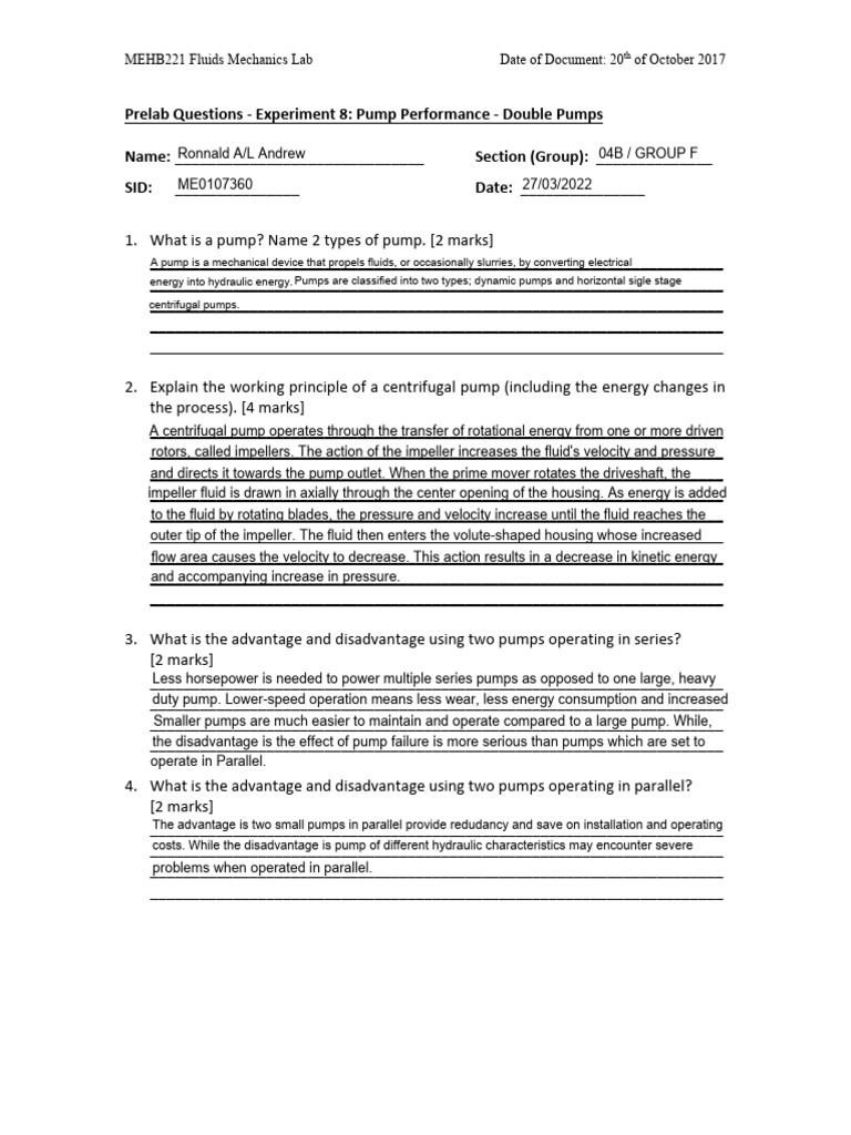 Pump Performance Lab Prelab Questions | PDF | Pump | Fluid Mechanics
