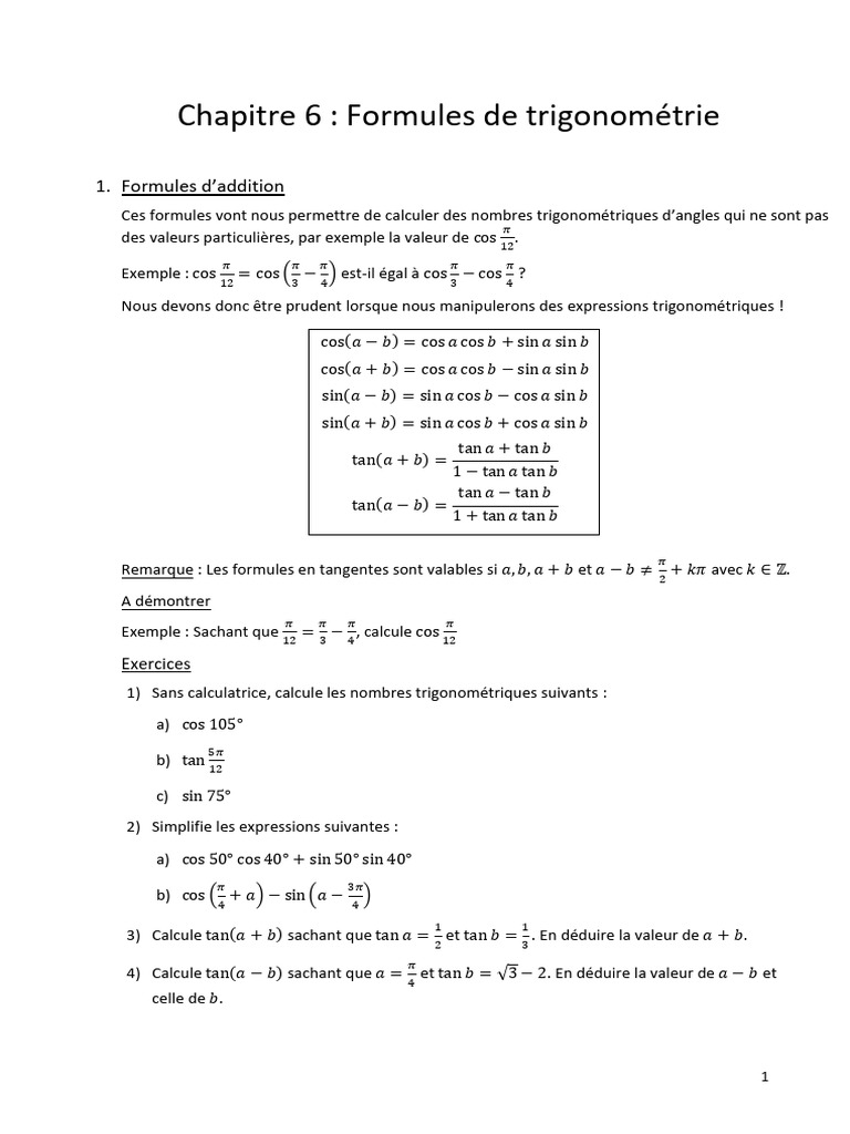 Formules de trigonométrie essentielles | PDF | Équations | Trigonométrie