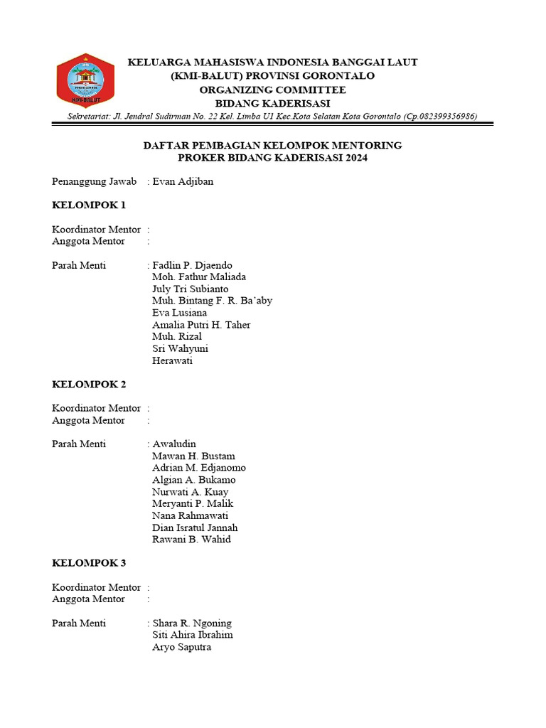 Daftar Pembagian Kelompok Mentoring Proker Bidang Kaderisasi 2024 Pdf