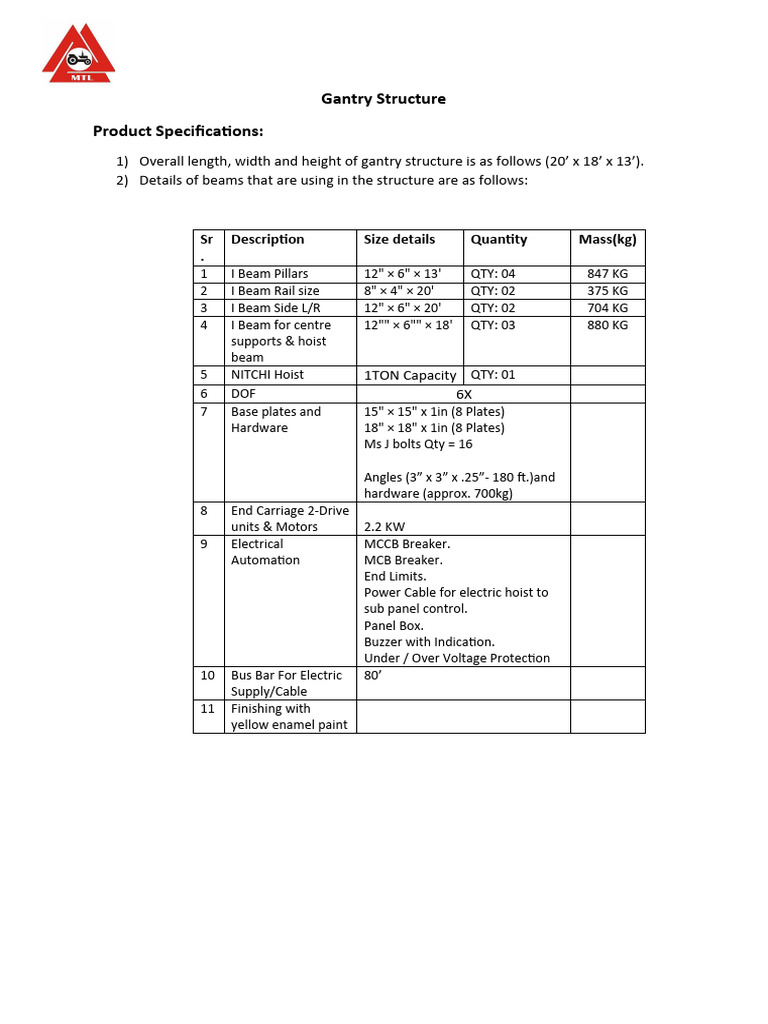 Gantry Structure Specifications and Details | PDF