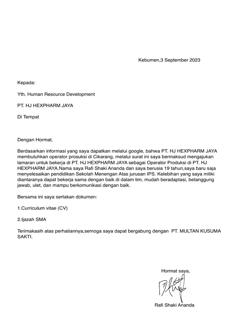 Lamaran Rafi Sakhi Ananda PT - HJ HEXPHARM JAYA | PDF