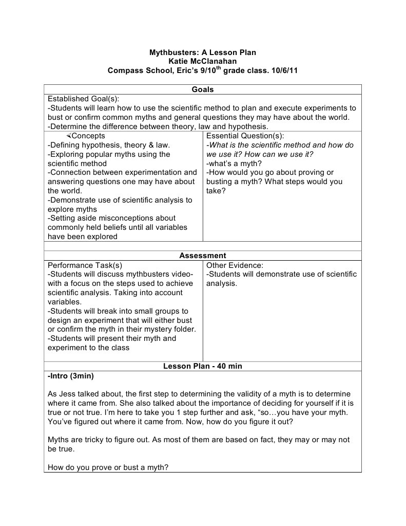 mythbusters lesson plan | Scientific Method | Experiment