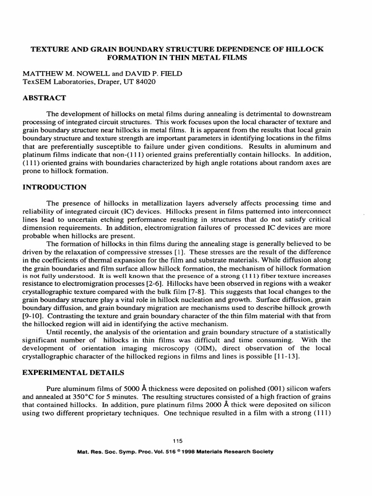 Hillock Formation in Thin Metal Films | PDF | Crystallite | Physical ...