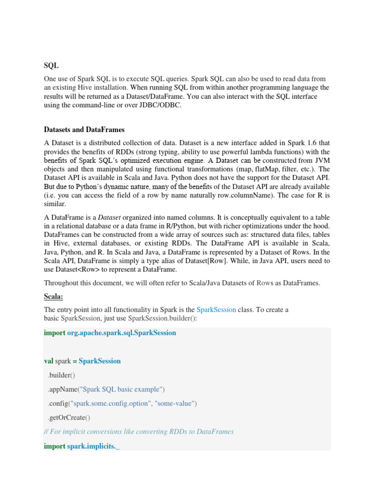 Datasets and Dataframes: Org - Apache.Spark - Sql.Sparksession | PDF ...