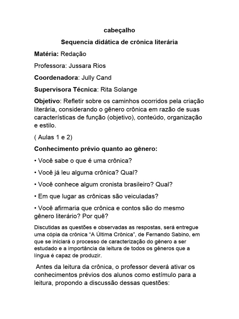 Sequência Didática: Crônica Literária | PDF | Tempo | Beleza