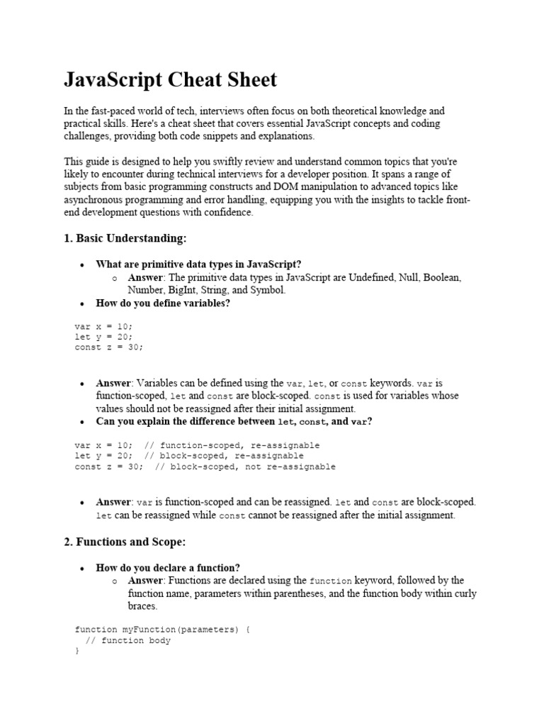 JavaScript Cheat Sheet | PDF | Scope (Computer Science) | Java Script