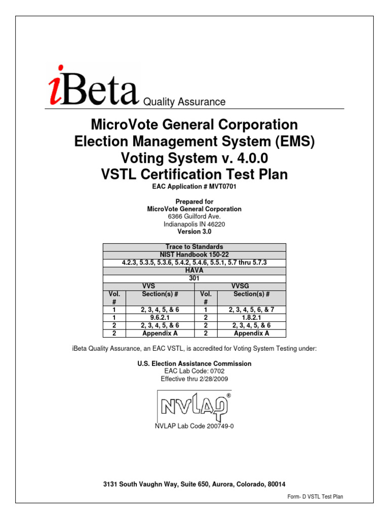 MicroVote EMS v4.0.0 Test Plan | PDF | Voting Machine | Personal Computers