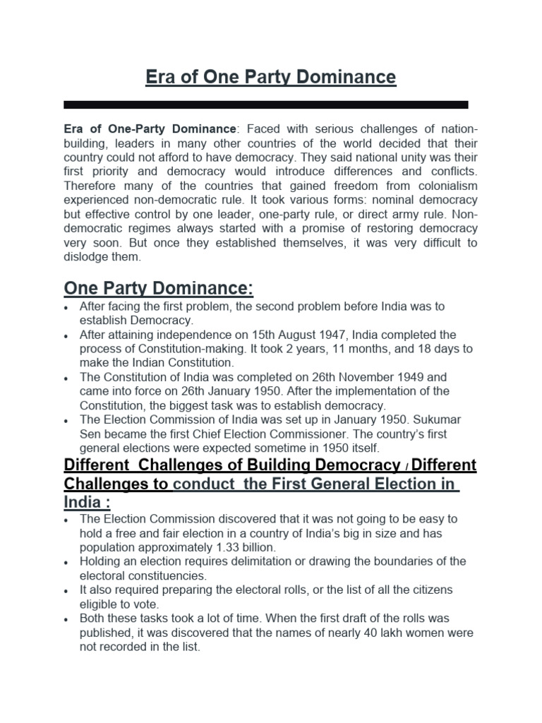Era of One Party Dominance | PDF | Political Parties | Politics Of India