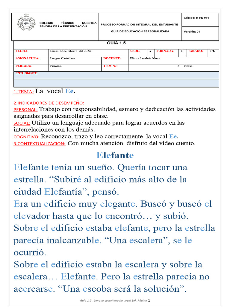 Guía de Lengua: Vocal Ee para 1°6 | PDF | Crecimiento personal y ...