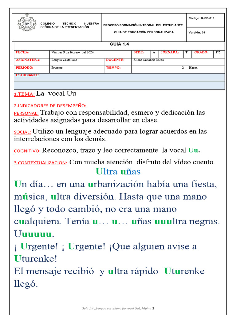 Guía de la Vocal U para 1°6 | PDF