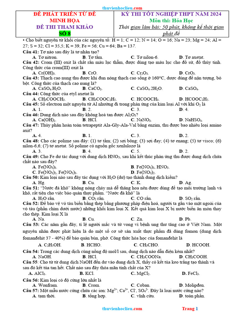 De Thi Thu TN THPT 2024 Hoa Phat Trien Tu de Minh Hoa de 8 | PDF