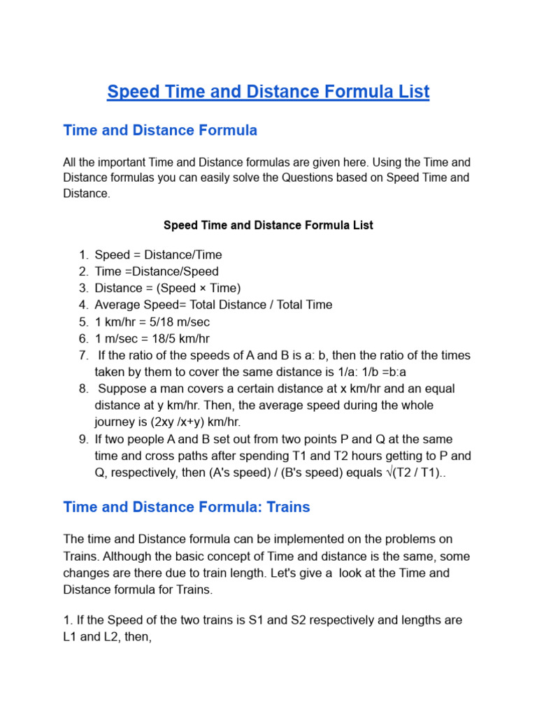 Essential Speed, Time, and Distance Formulas | PDF | Speed | Train