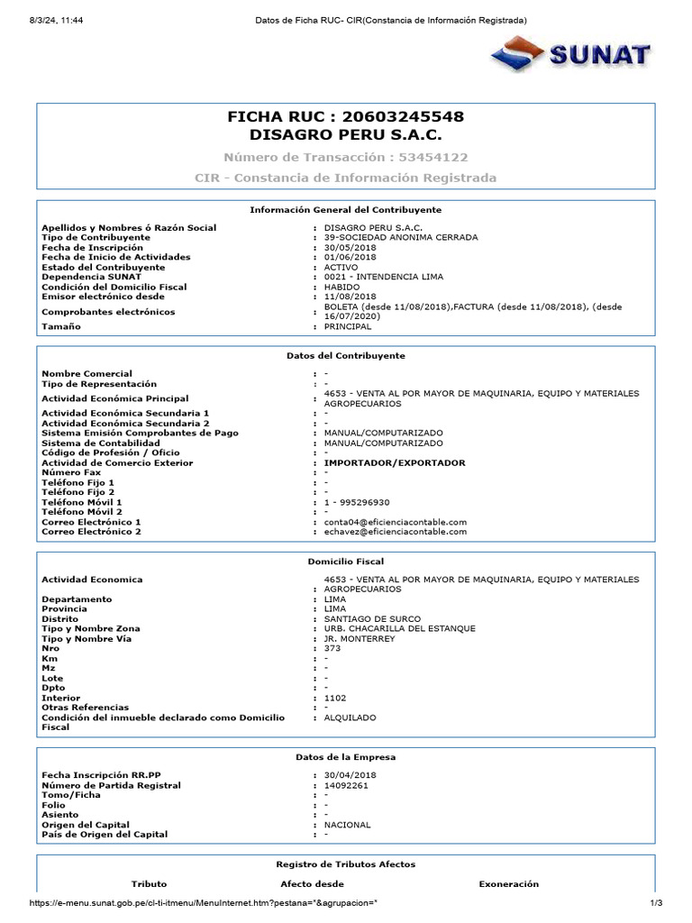 Ficha RUC de DISAGRO PERU S.A.C. | PDF | Telecomunicaciones ...