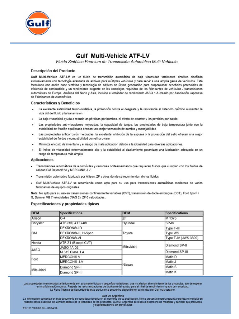 Multi-Vehicle ATF-LV 0721 FT | PDF | Transmisión automática | Lubricante