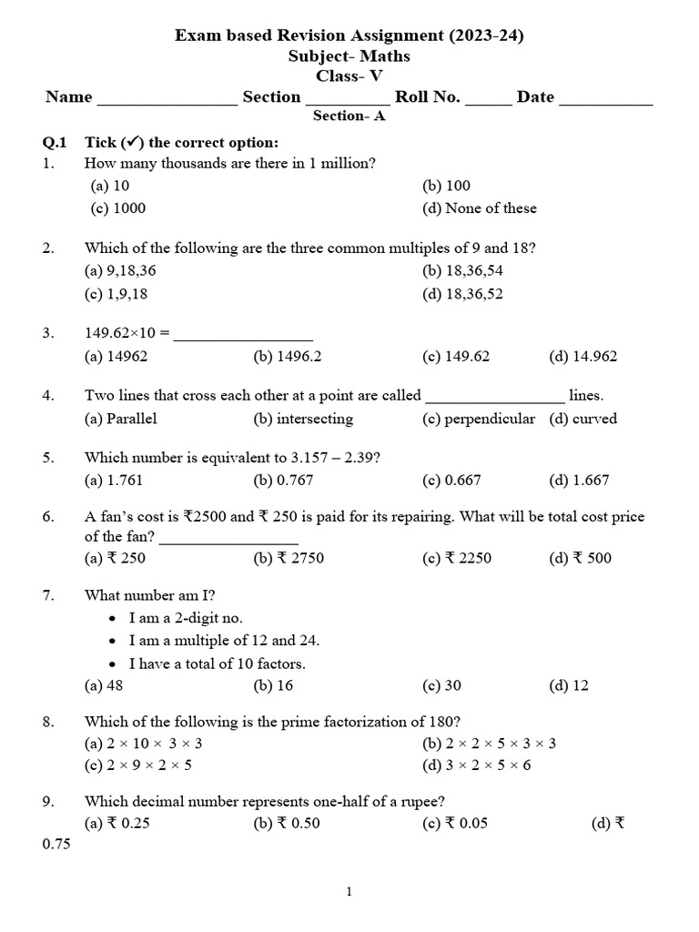 Maths Revision Assignment for Class V | PDF | Elementary Geometry ...