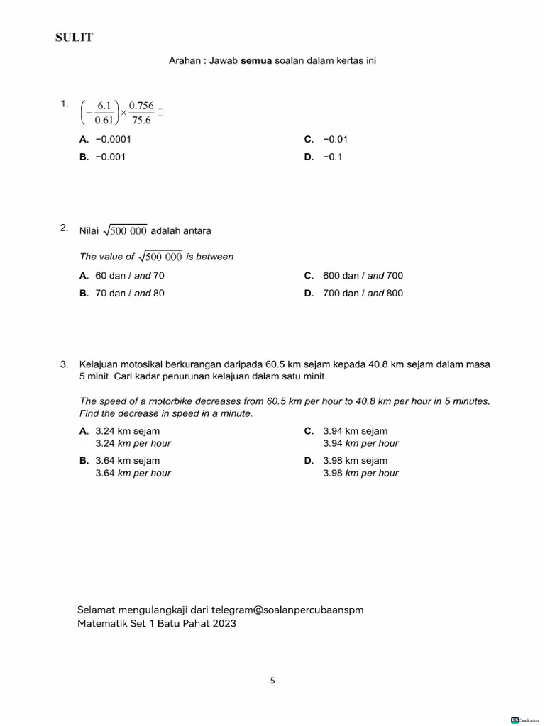 Matematik Set 1 Batu Pahat 2023 Pdf
