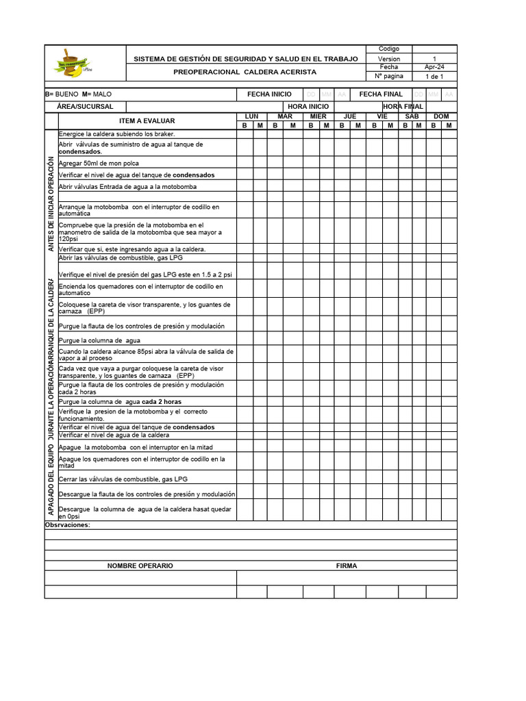 Formato Preoperativos | PDF | Agua | Ingeniería mecánica