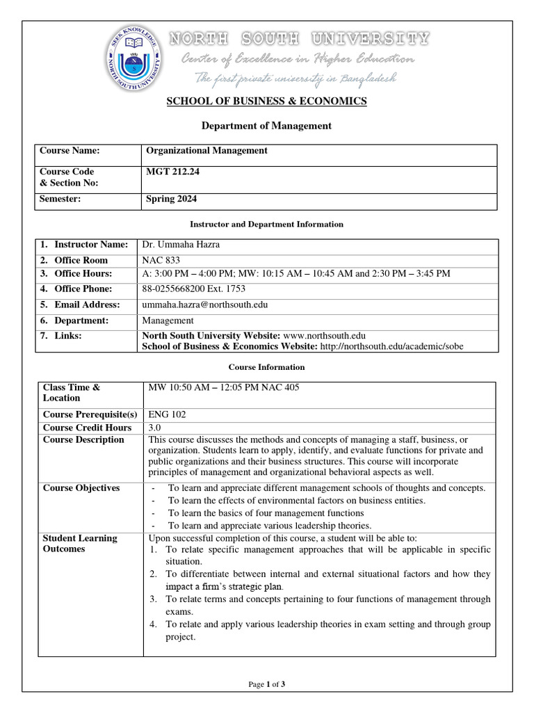 MGT 212 Course Outline - Spring 2024 | PDF | Leadership | Business School