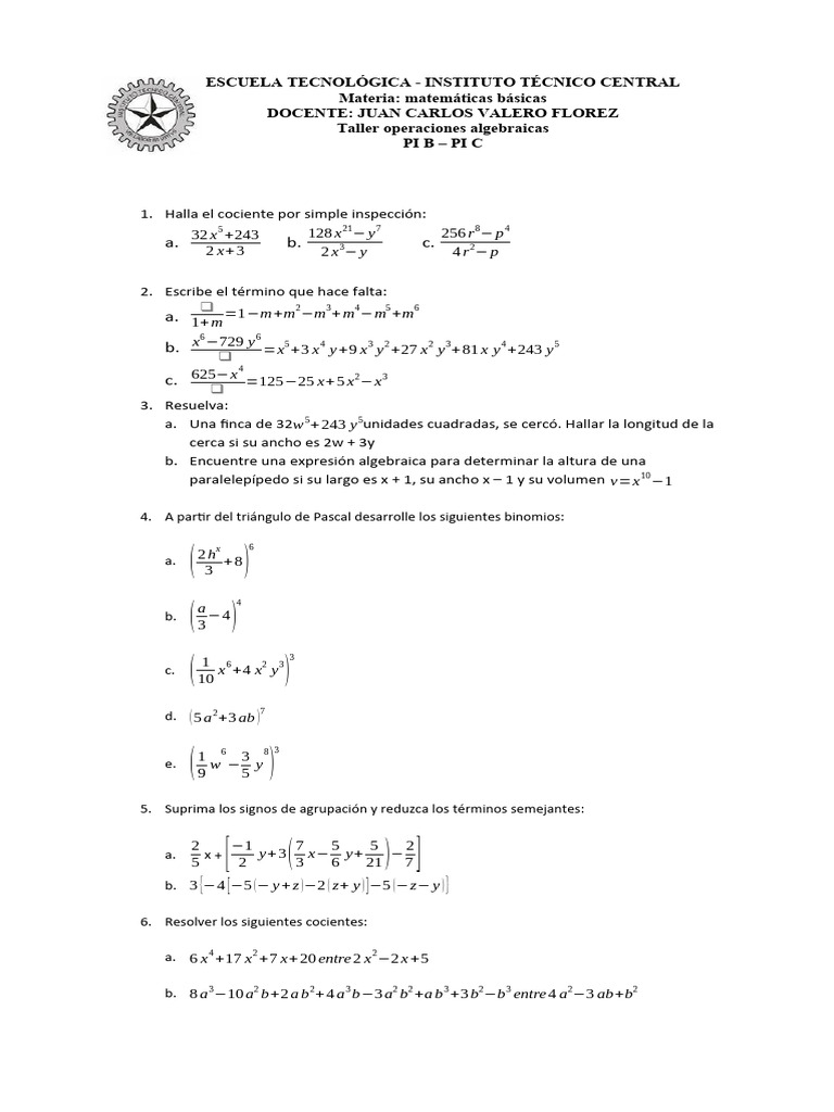 Taller de Operaciones Con Expresiones Algebraicas | PDF