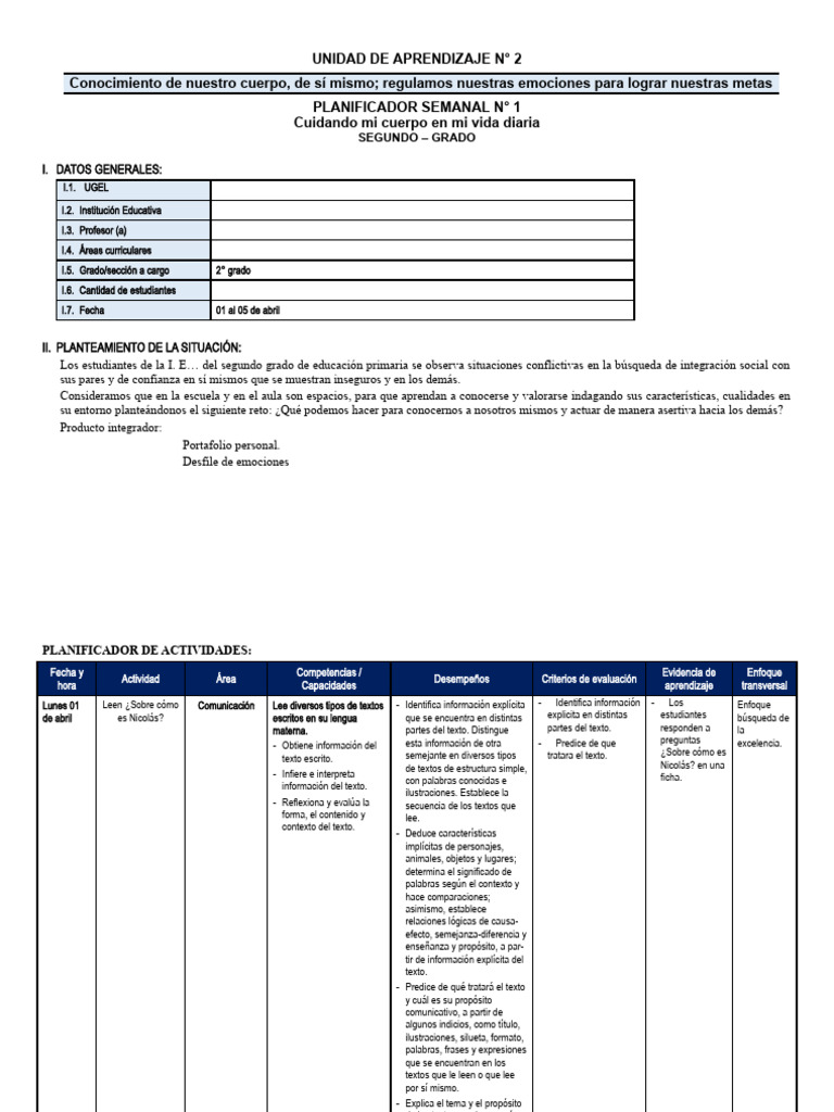 2° Grado - Planificador Semanal Del 01 Al 05 de Abril | PDF ...
