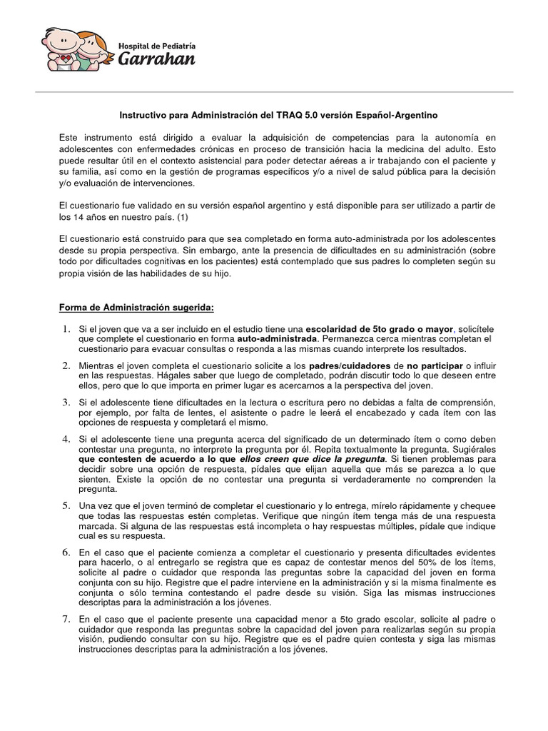 Instructivo TRAQ 5.0 para Adolescentes | PDF | Cuestionario | Cognición