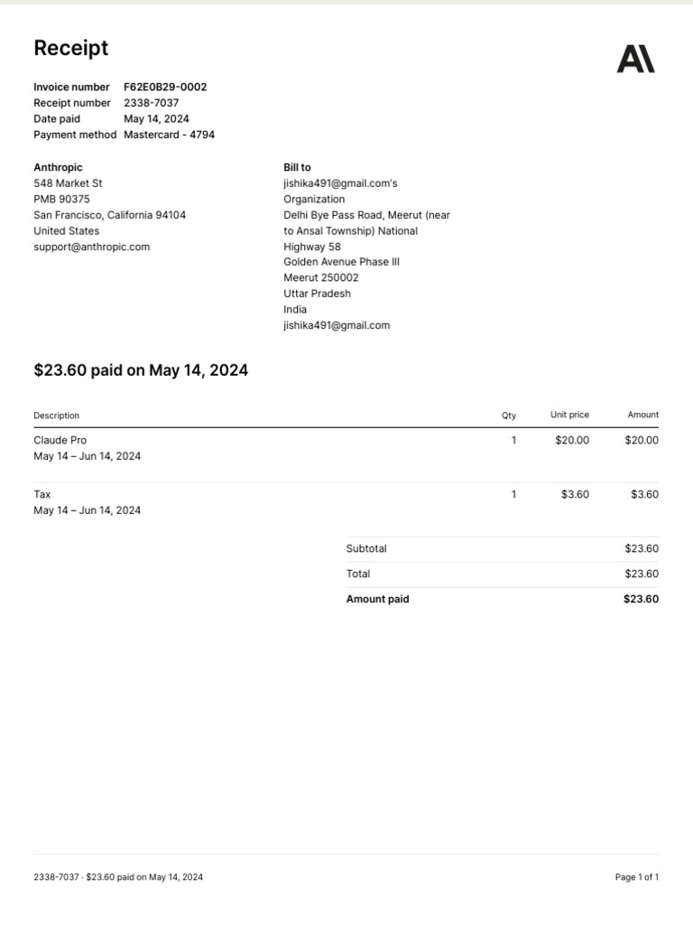 Receipt for Claude Pro Subscription Payment | PDF