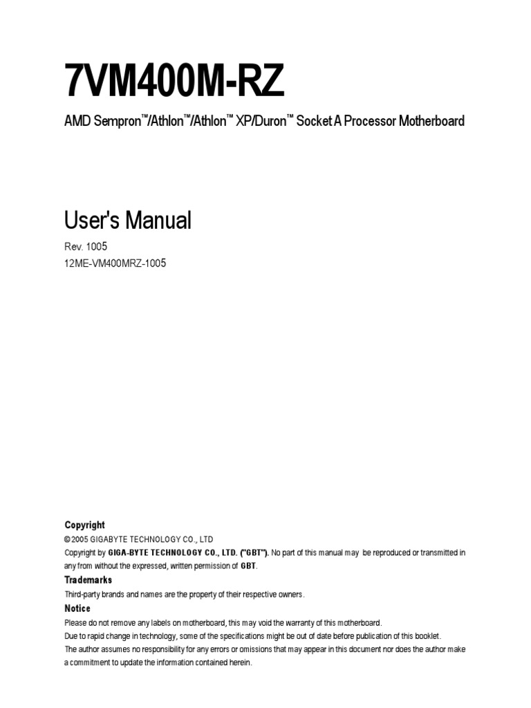 Motherboard Manual Gigabyte 7VM400M-RZ E | PDF | Bios | Floppy Disk