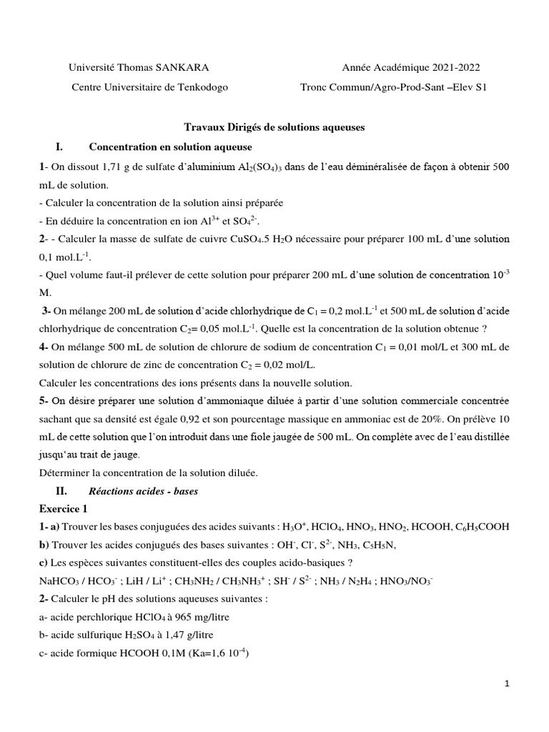 TD Chimie des Solutions S1 Corrigé | PDF | Ph | Réaction d'oxydoréduction