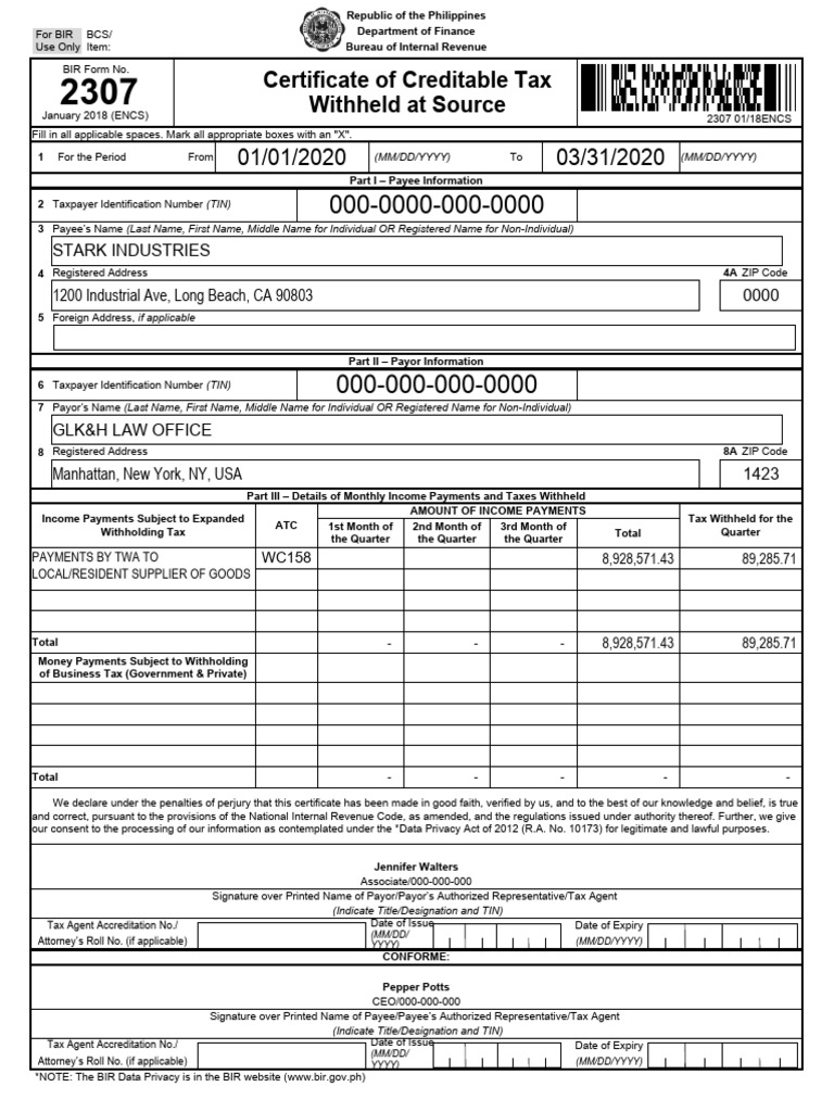 2307v2018-Sample For Upload | PDF | Lease | Tax Refund