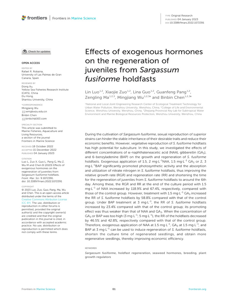 Effects of Exogenous Hormones On The Regeneration of Juveniles From ...