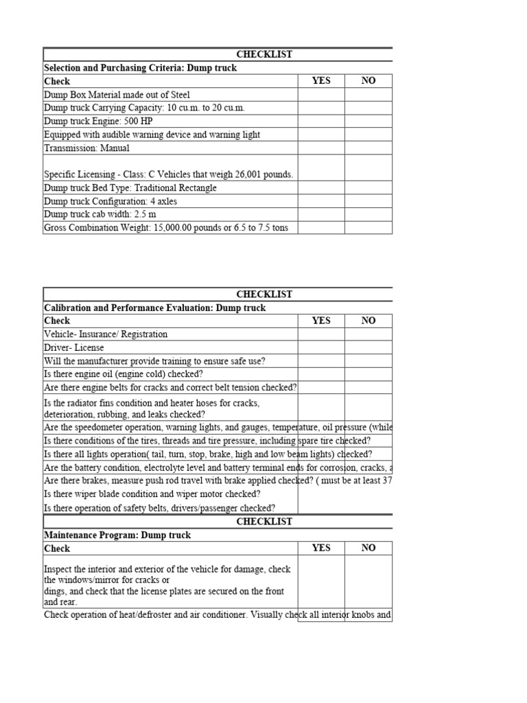 Construction Equipment Checklist | PDF | Truck | Vehicles
