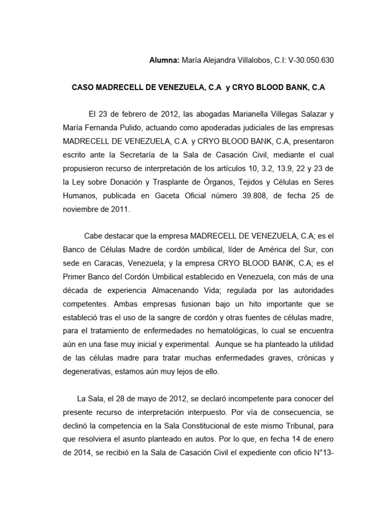 Caso Sentencia-Madrecell de Venezuela, C.A | PDF | Célula madre