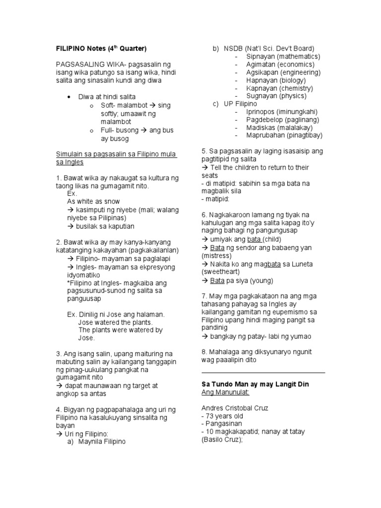 FILIPINO Notes (4th Quarter) | PDF
