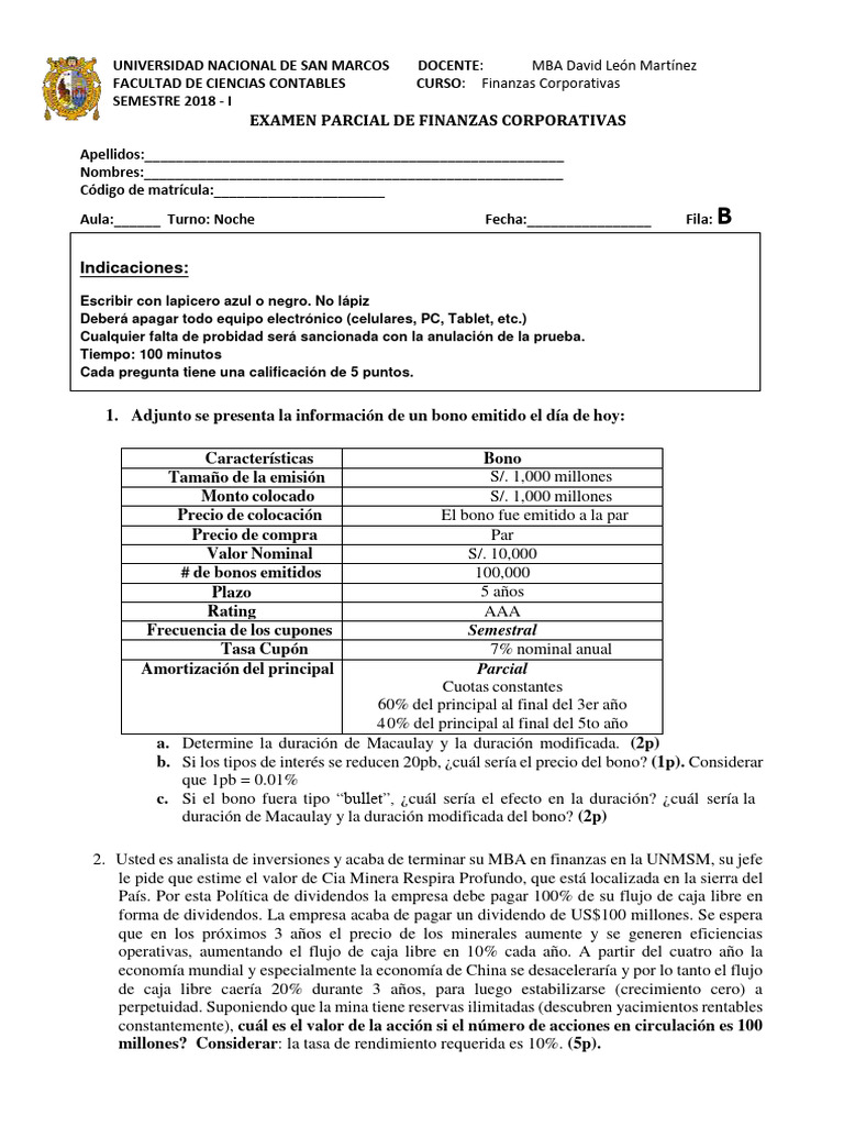 Examen Parcial de Finanzas Corporativas | PDF | Compartir (Finanzas ...