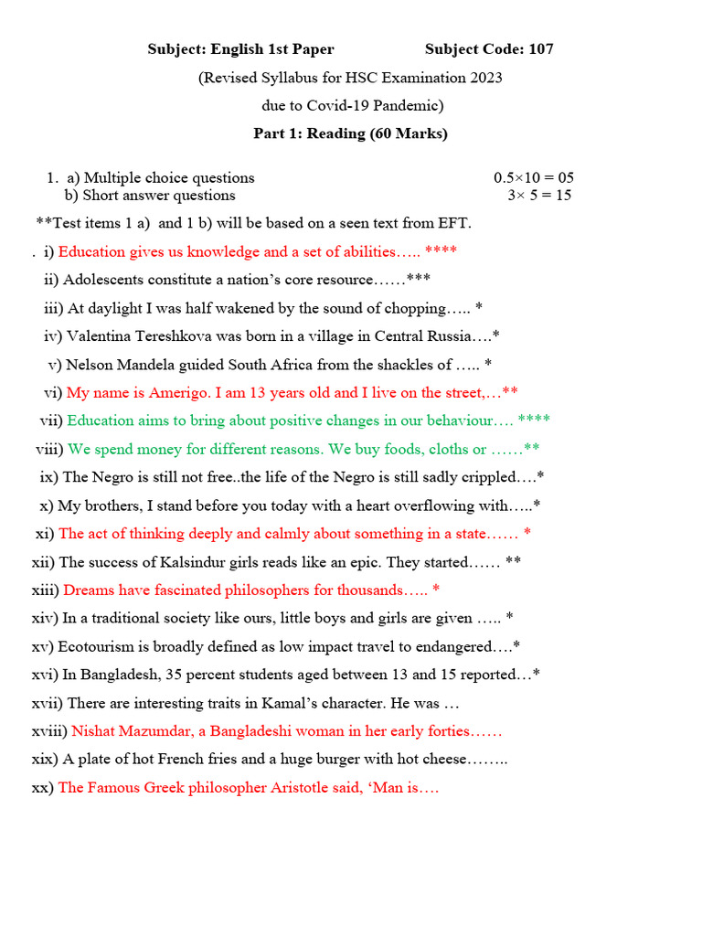 HSC English 1st Paper Syllabus 2024 | PDF | Politics