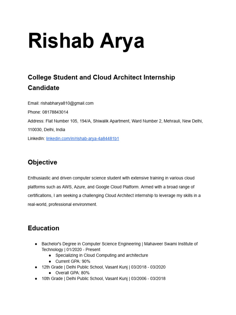 Cloud Architect Internship Resume | PDF | Cloud Computing | Microsoft Azure
