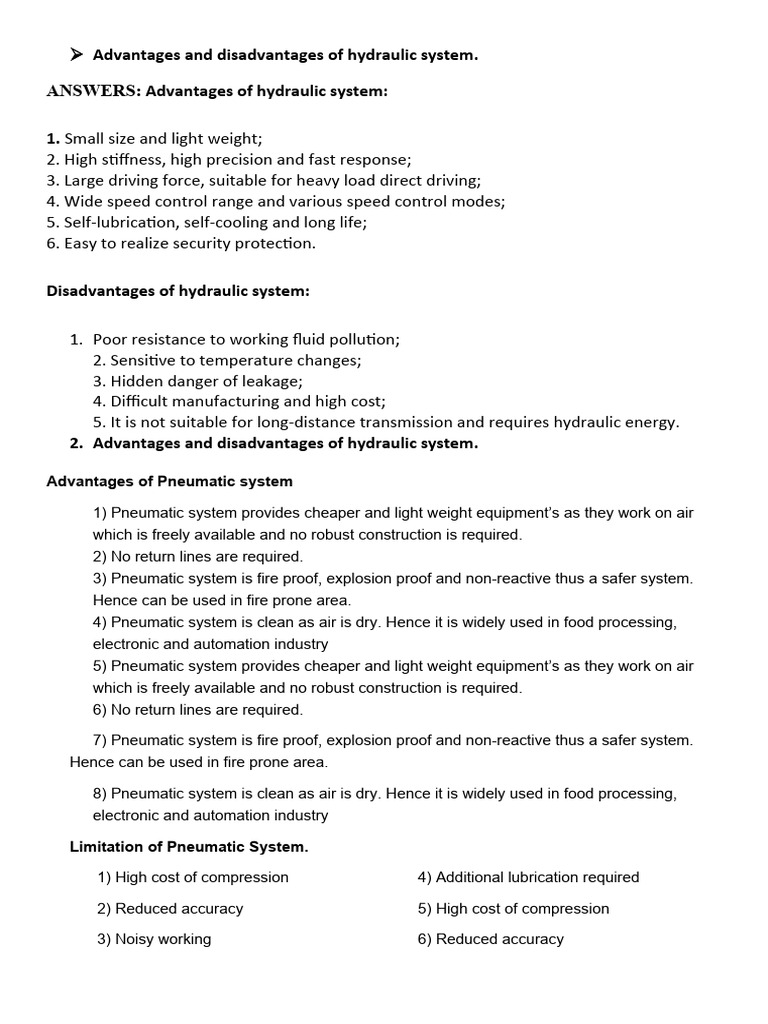 Advantages and Disadvantages of Hydraulic System PDF Heavy Equipment Pneumatics