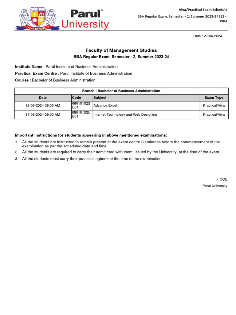 BBA Semester 2 Practical Exam Schedule | PDF
