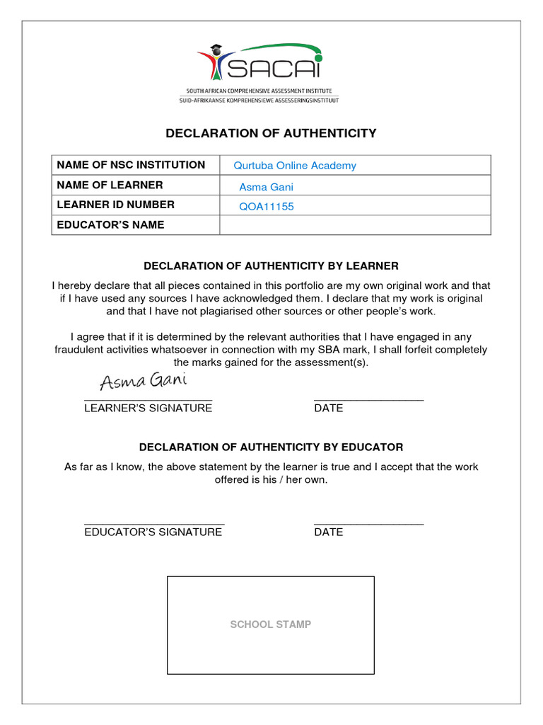 Learner Declaration of Authenticity Form | PDF