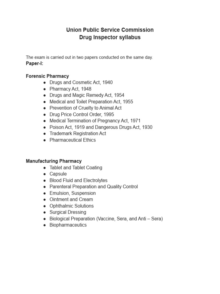 UPSC Drug Inspector Syllabus | PDF | Pharmacy | Drugs