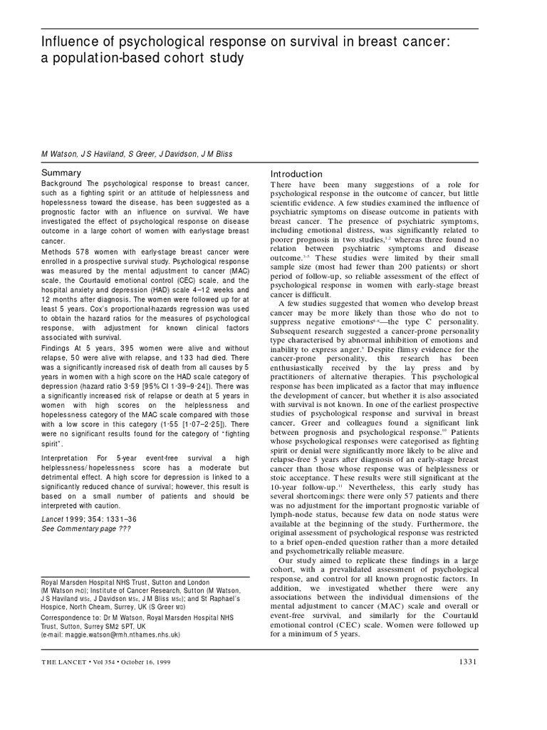 Psychological Impact on Breast Cancer Survival | PDF | Cancer | Breast ...