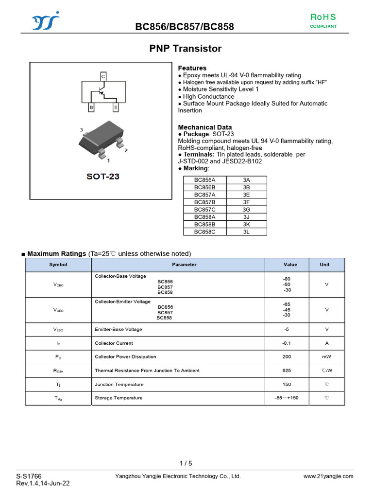 BC856/BC857/BC858 PNP Transistor Specs | PDF | Electrical Resistance ...