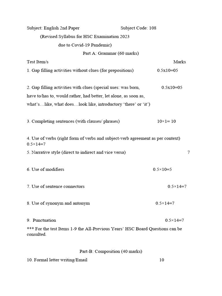 HSC2024 English 2nd Paper Syllabus PDF Syntax Grammar