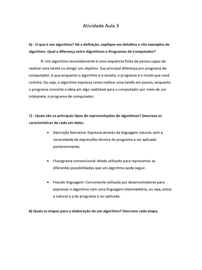 Atividade Aula3 | PDF | Algoritmos | Linguagem de programação