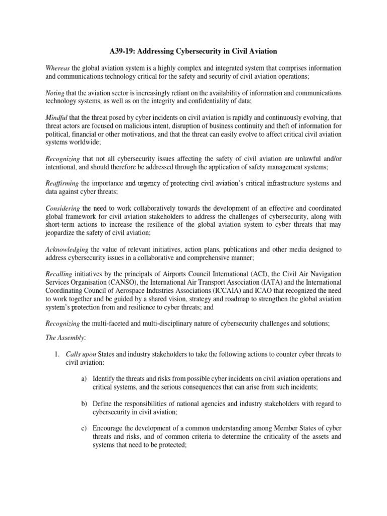 A39-19: Addressing Cybersecurity in Civil Aviation | PDF | Computer ...