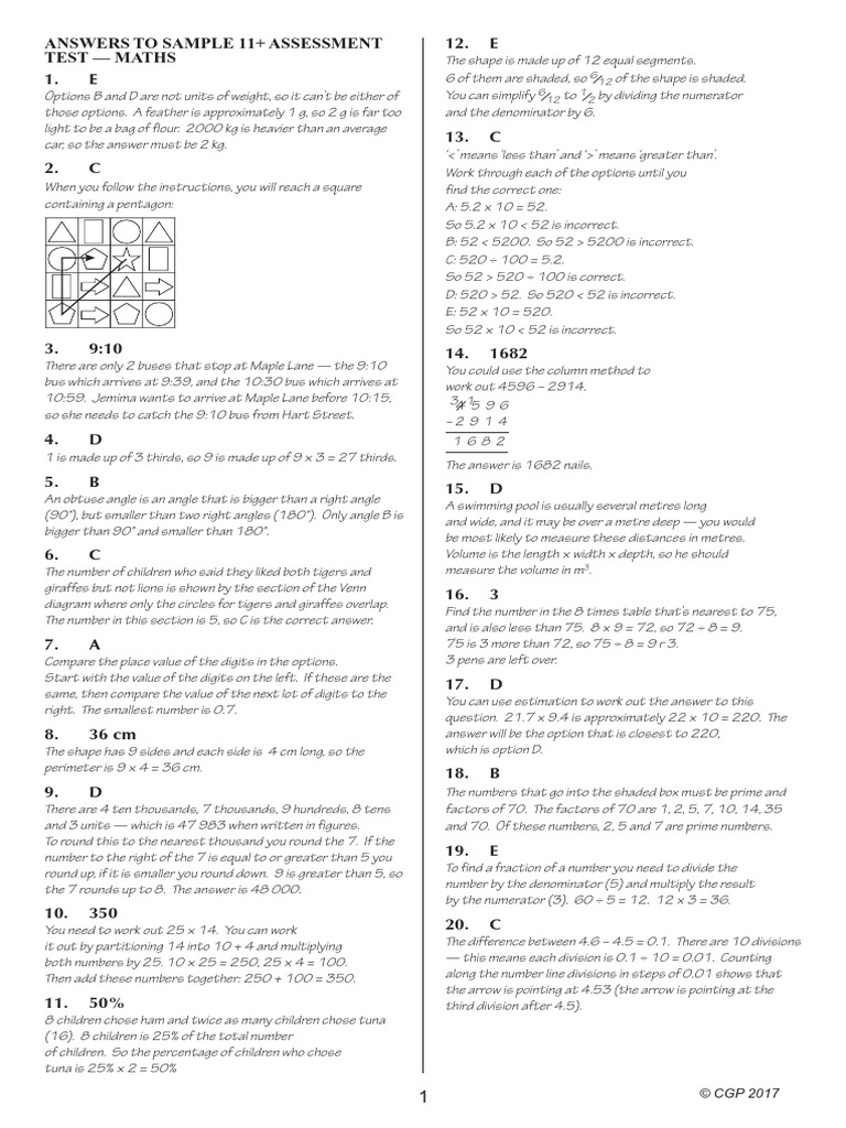 11+ Sample Math Assessment Answers | PDF