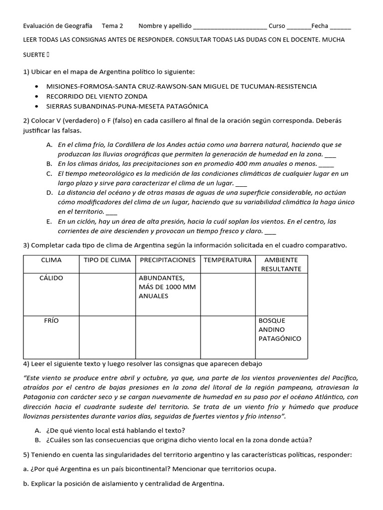 Evaluación de Geografía Argentina | PDF | Clima | Herida